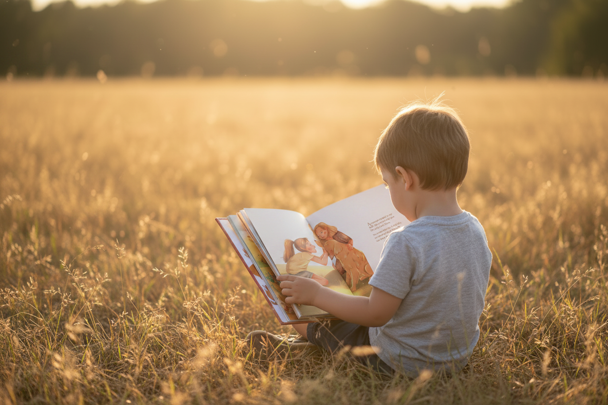 Child reading your book in golden field